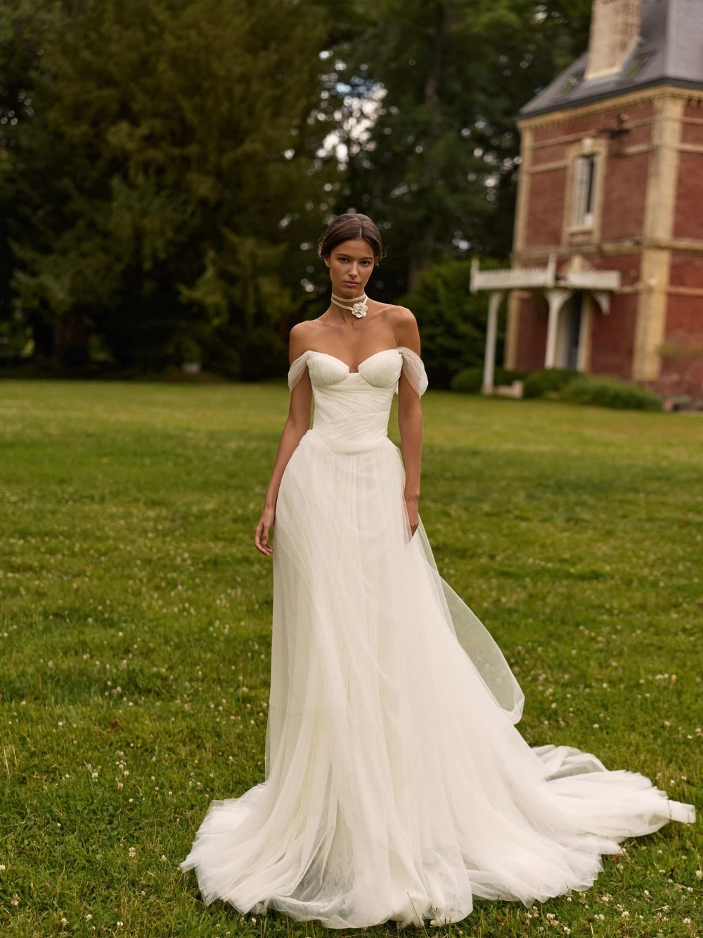 Dreamy Fairy-tale Off-the-shoulder Wedding Dress Lightweight Tulle Sleeves Flowy Train Sheer Bridal Gown For Outdoor Weddings