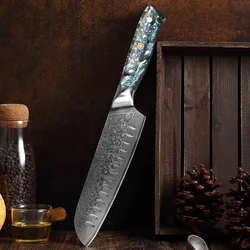 JUMCSONG Damascus Steel 7 Inch Santoku Knife Abalone Shell+Transparent Resin Handle Japanese Cuisine Sashimi Kitchen Knife