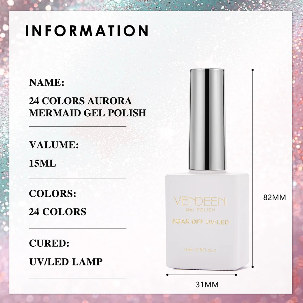 ヴェンディーニ TPO/HEMAフリー 24色/セット 変色オーロラ マーメイドジェルネイルポリッシュ UVパールシェルエフェクトネイルニス カラーカード付き