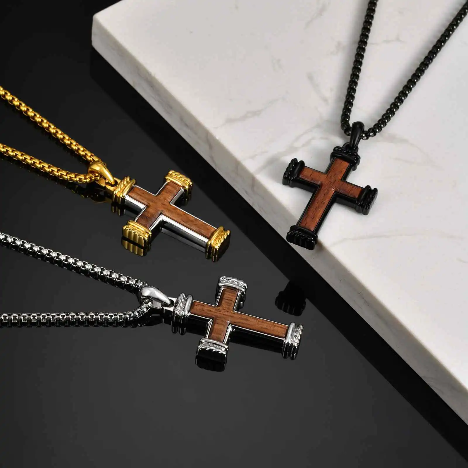 

Bubinga Cross Necklace for Men Boys,Anti Allergy Stainless Steel Plated Necklace,Precious wood jewelry