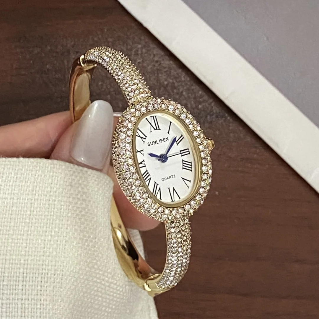 Sunlifex Diamond Encrusted Oval Dial bangle Wristwatch for Ladies Quartz Bracelet Famous Brand Women's Watches Saati Relojes