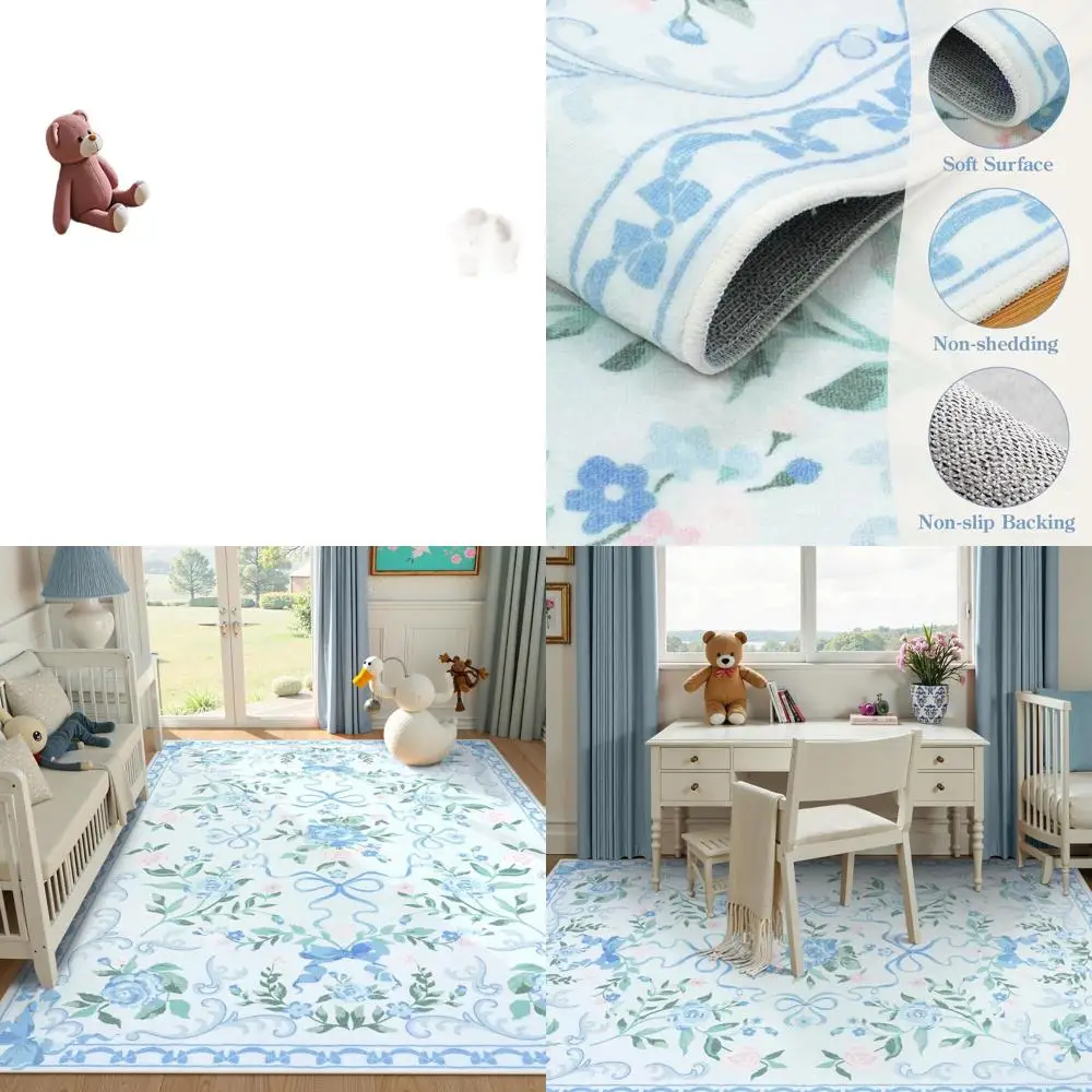 

5x7 Blue Floral Washable Rug for Girls, Ultra-Thin Non-Slip Carpet for Living Room, Playroom, and Kids' Rooms