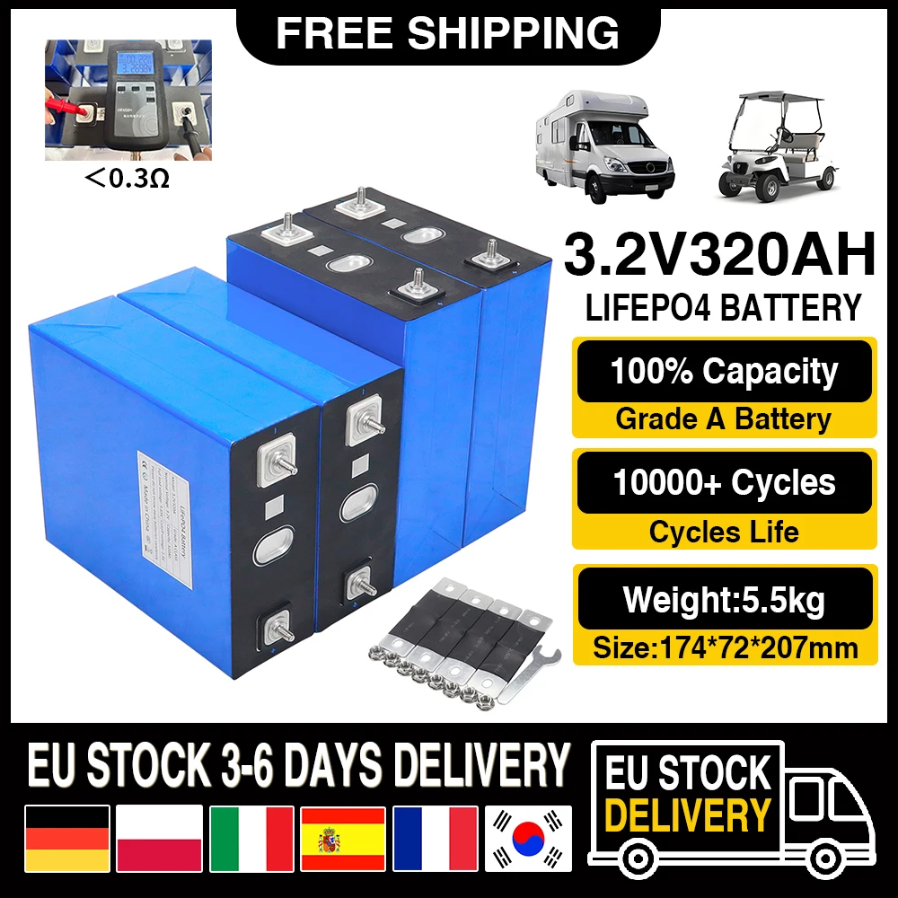 3.2V 320Ah Lifepo4 Prismatic Rechargeable Battery Grade A Original Cell 1-16PCS For DIY 12V 24V 48V Solar Sytem EV RV Boat