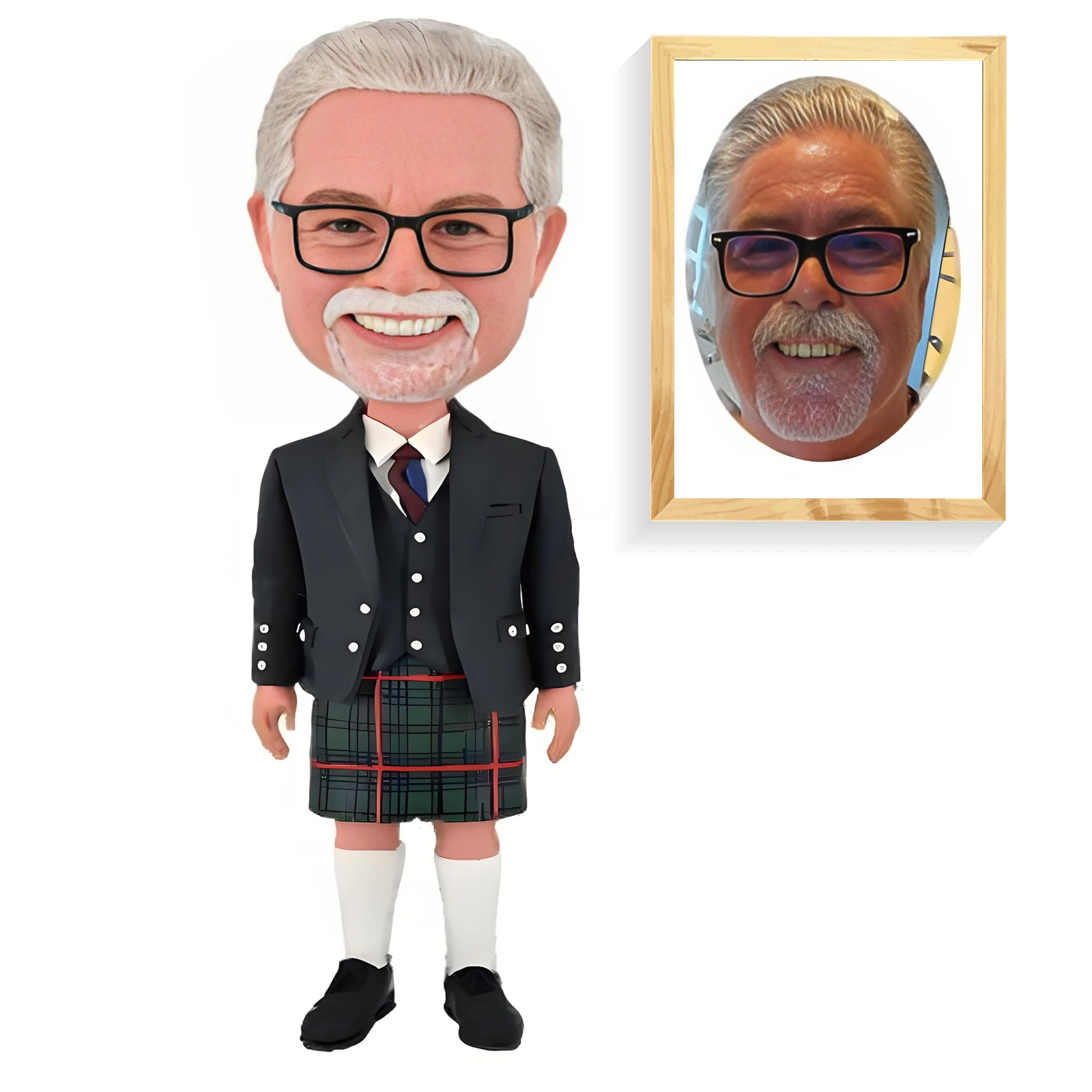 Custom Bobblehead Figurine, Smiling Elderly Man in Suit and Kilt,Tartan Outfit Man Bobble Heads,Handmade Man in Dress Sculpture