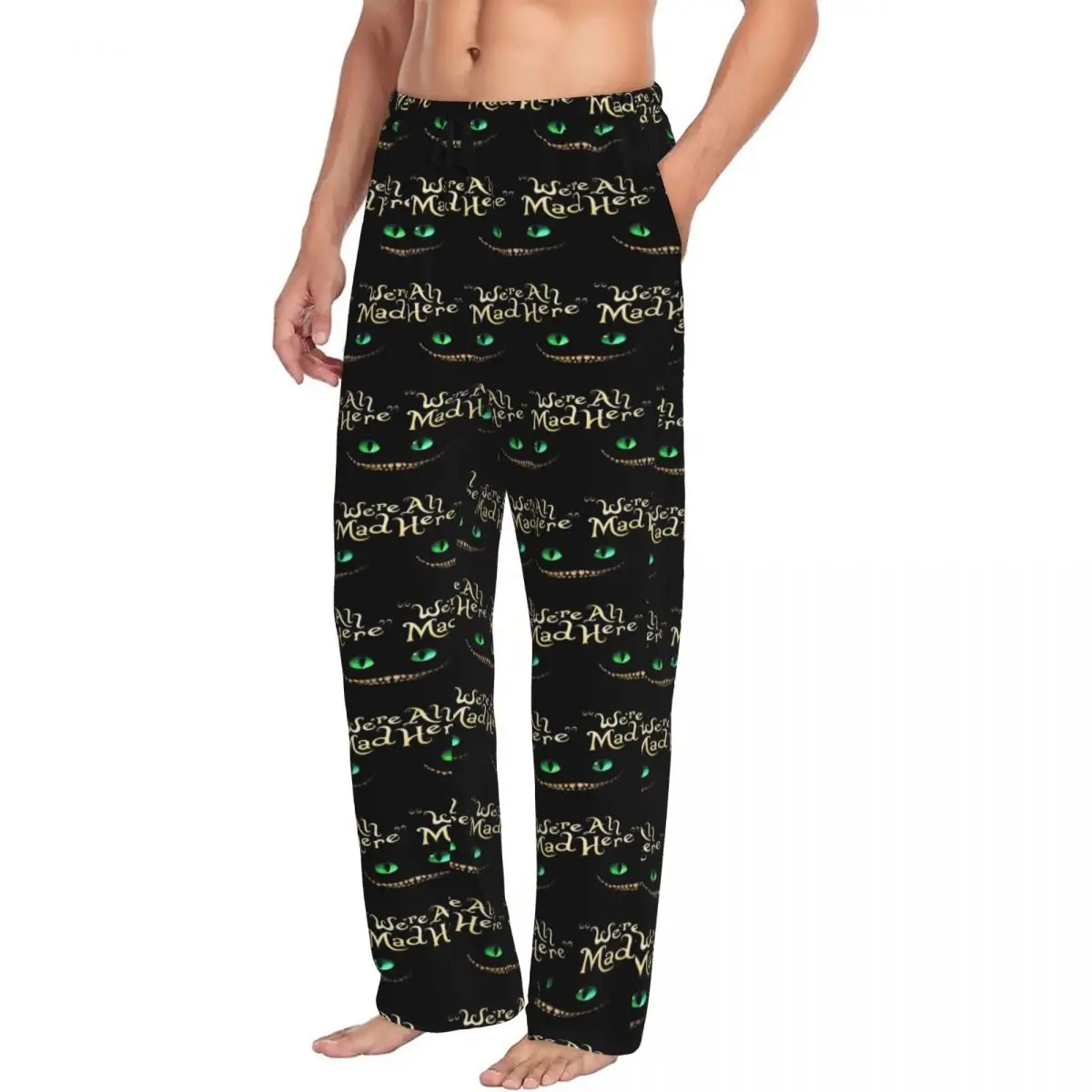 Custom Printed Men's Cheshire Cat We're All Mad Here Pajama Pants Sleepwear Sleep Lounge Bottoms with Pockets