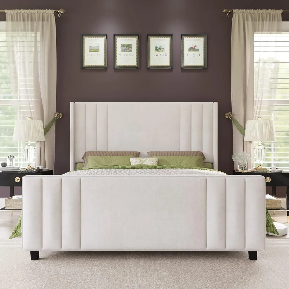 King Size Bed Frame, Velvet Upholstered Platform Bed with Vertical Channel Tufted Headboard & Footboard/Wingback, Mattress