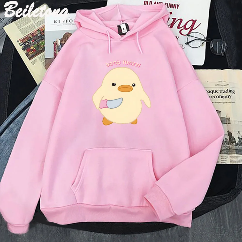 Dont Mess Duck Holding Knife Kawaii Cartoon Print Hoodies Plus Size Creativity Sweatshirts Harajuku Female Long SleeveStreetwear