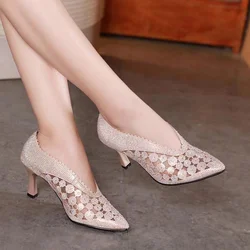 High Heels Women Shoes Summer Women Mesh Breathable Platform Heels Pointed Toe Sexy Ladies Shoes Mary Jane Shoes Zapatos Mujer