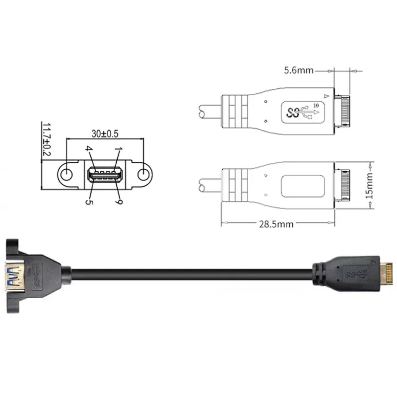 Cable de conexión de placa base trasera USB 3,0 hembra tipo e para ordenador con tornillos de montaje en Panel para asegurar Cable de datos