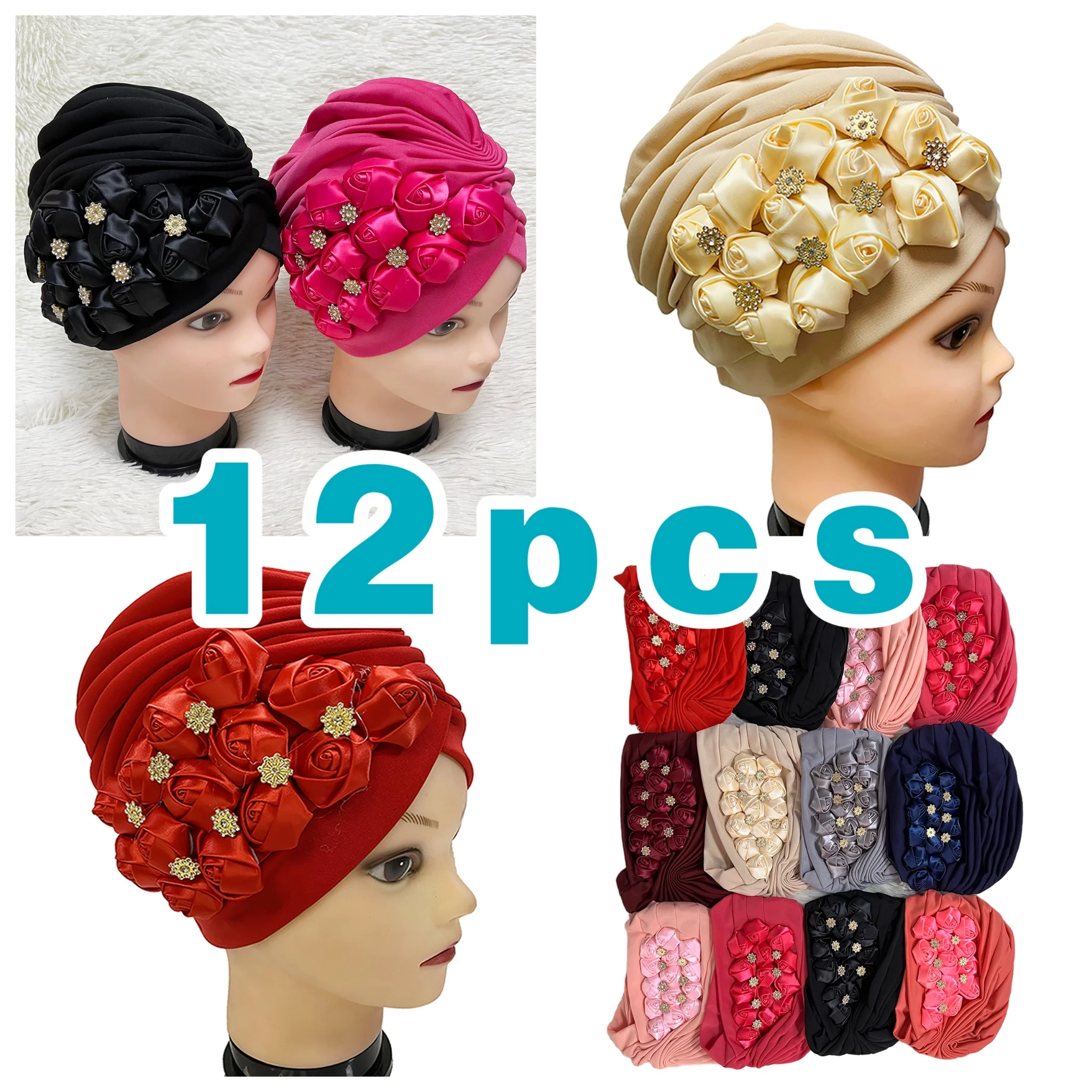 Wholesale 6/12 Piece Best Selling Flannel Hat Women\'s Cap Forehead Cross Muslim Base Scarf Indian National Style Pearl Headdress