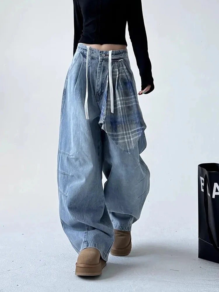 Vintage Streetwear Women Jeans Plaid Square Scarf Patchwork Wide Leg Denim Pants Loose Street Dance Lace Up High Waist Trouser