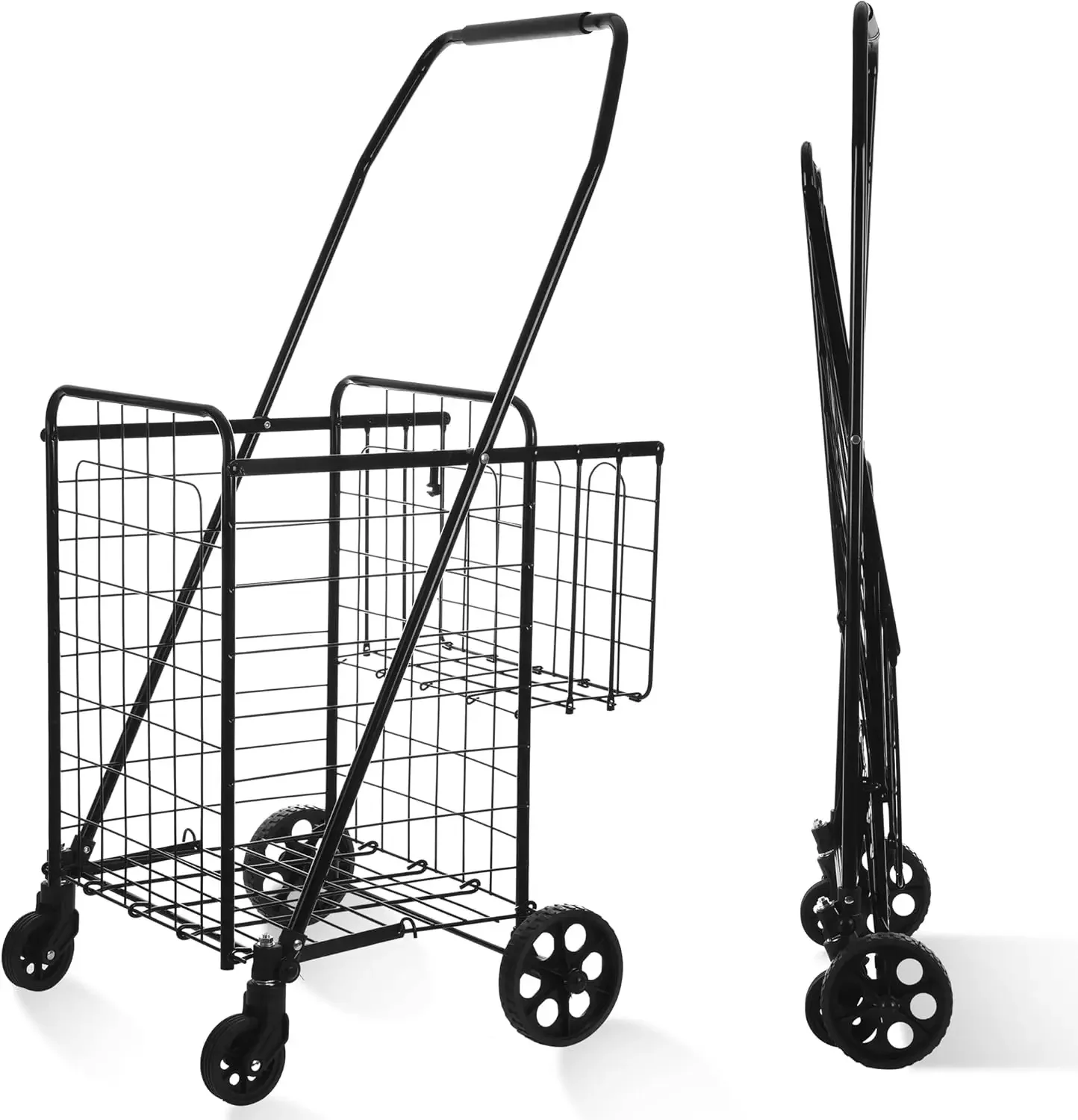 Folding Shopping Cart, Grocery Cart, 200 Lb Capacity, Utility Cart with 360° Rolling Swivel Wheels, Medium & Extra Basket