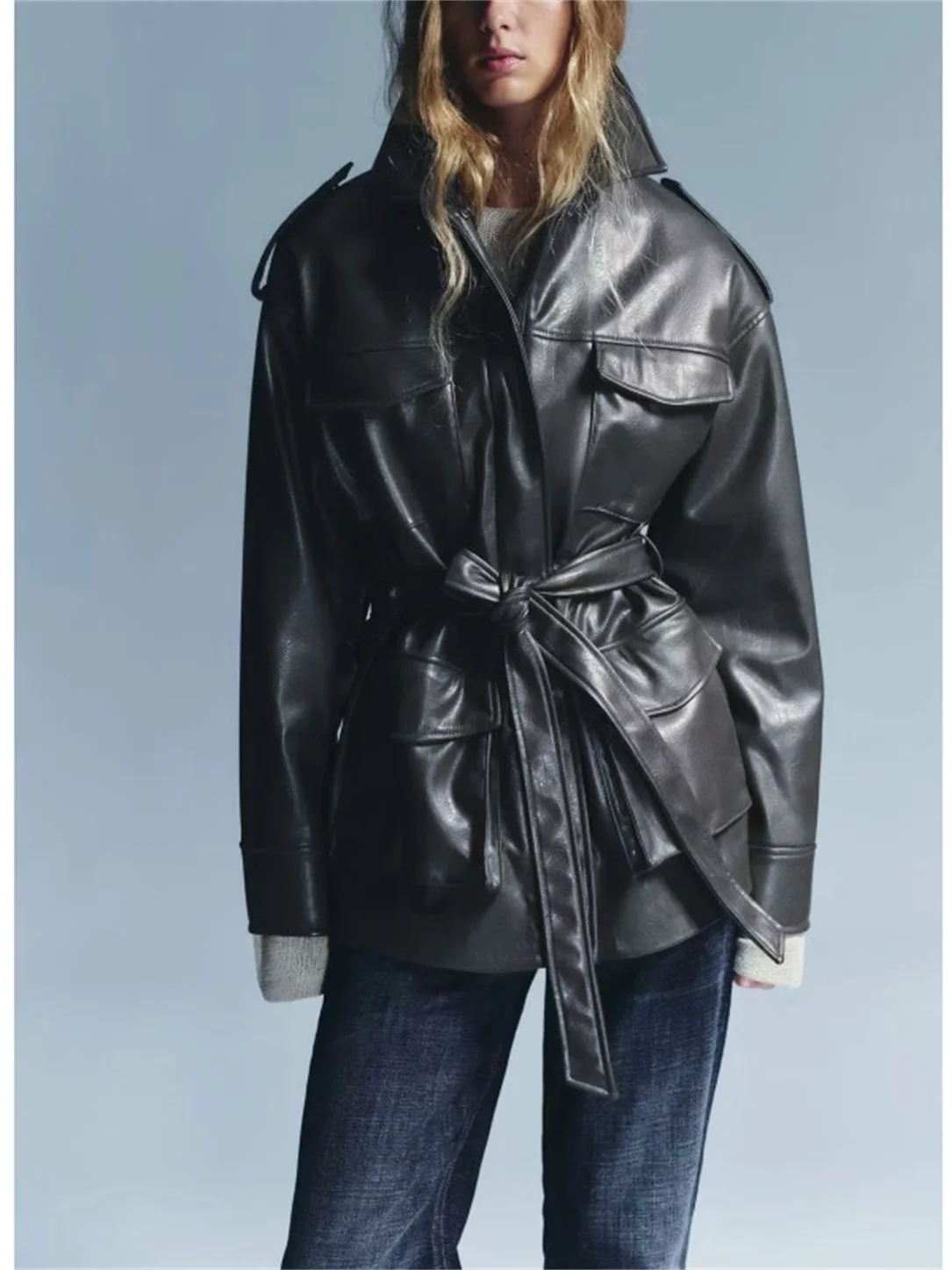 Nuevo otoño mujer Casual Sle Faionable cuero Jaet abrigo con cinturón Material de cuero PU diseño de cremallera larga Sve