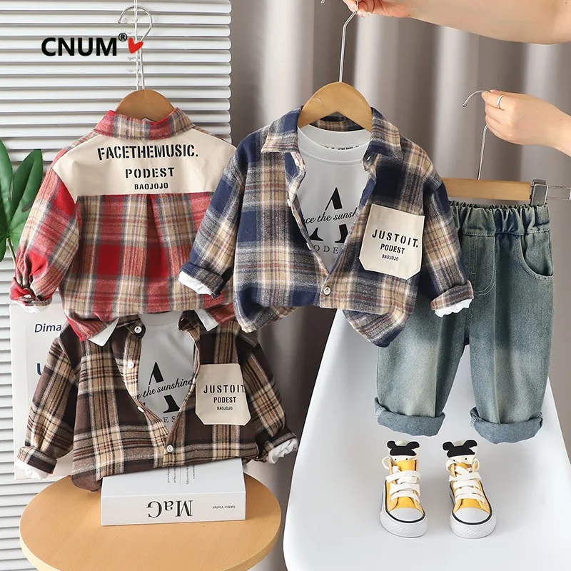 Boys' 2025 Autumn Outfit Set 1-2-3 Years Old Baby Color-block Shirt Jacket Children's Spring Autumn Three-piece Suit