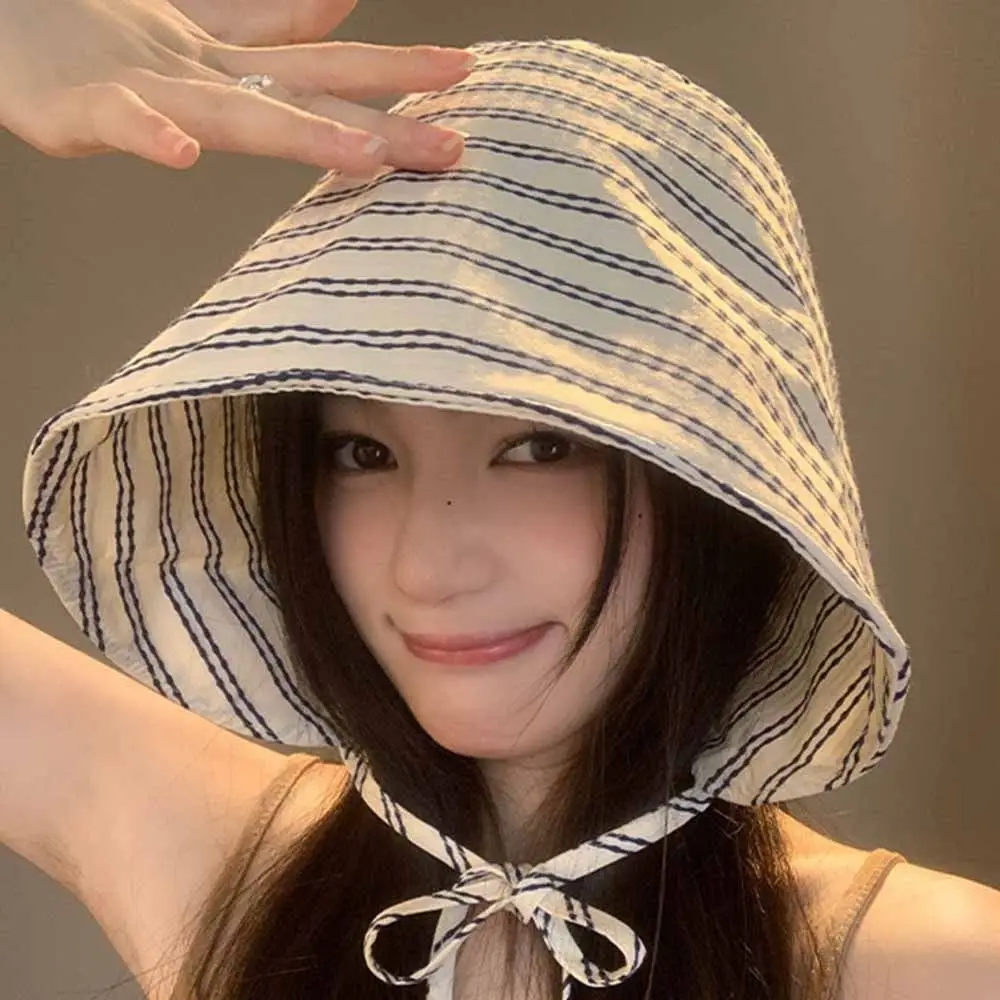 Large Brim Sun Protection Hat UV Resistant Wide Brim Striped Fisherman Hat Breathable with String Bucket Hat Outdoor