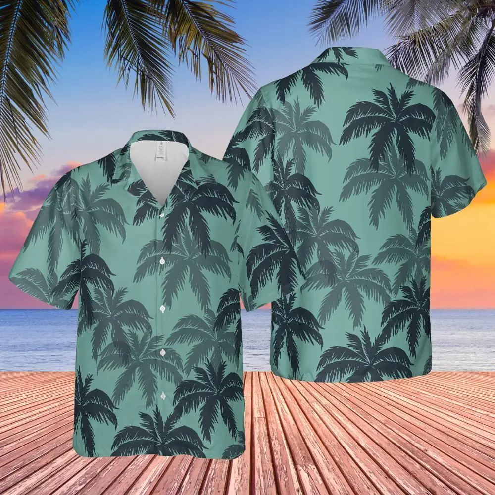 Hawaii Beautiful Coconut Leaf Patterned Shirt For Men Color Gradient 3D Printed Beach Shirt Casual Loose Short Sleeve Shirt