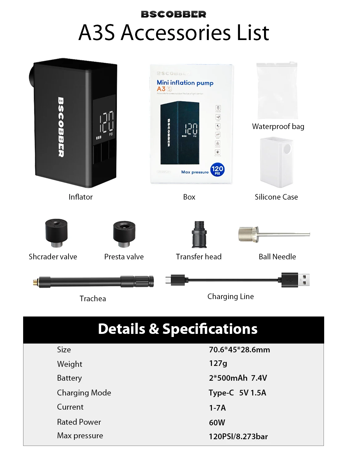 BSCOBBER Mini Portable Electric Pump for Bike Cordless Tire Inflator 120PSI Bike Accessories A3S Presta Schrader Valve