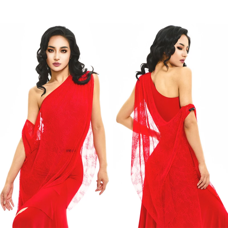 Valsa vestidos de dança moderna adultos dança de salão traje profissional feminino malha vermelha superior rumba saias desempenho terno sl14746