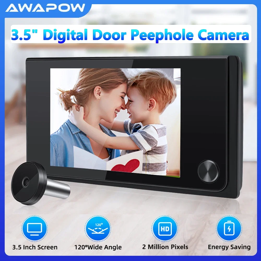 

Awapow 3.5" Digital Door Peephole Camera Electronic Door Viewer Bell 120° Wide Angle Screen Outdoor Monitor Home Security System