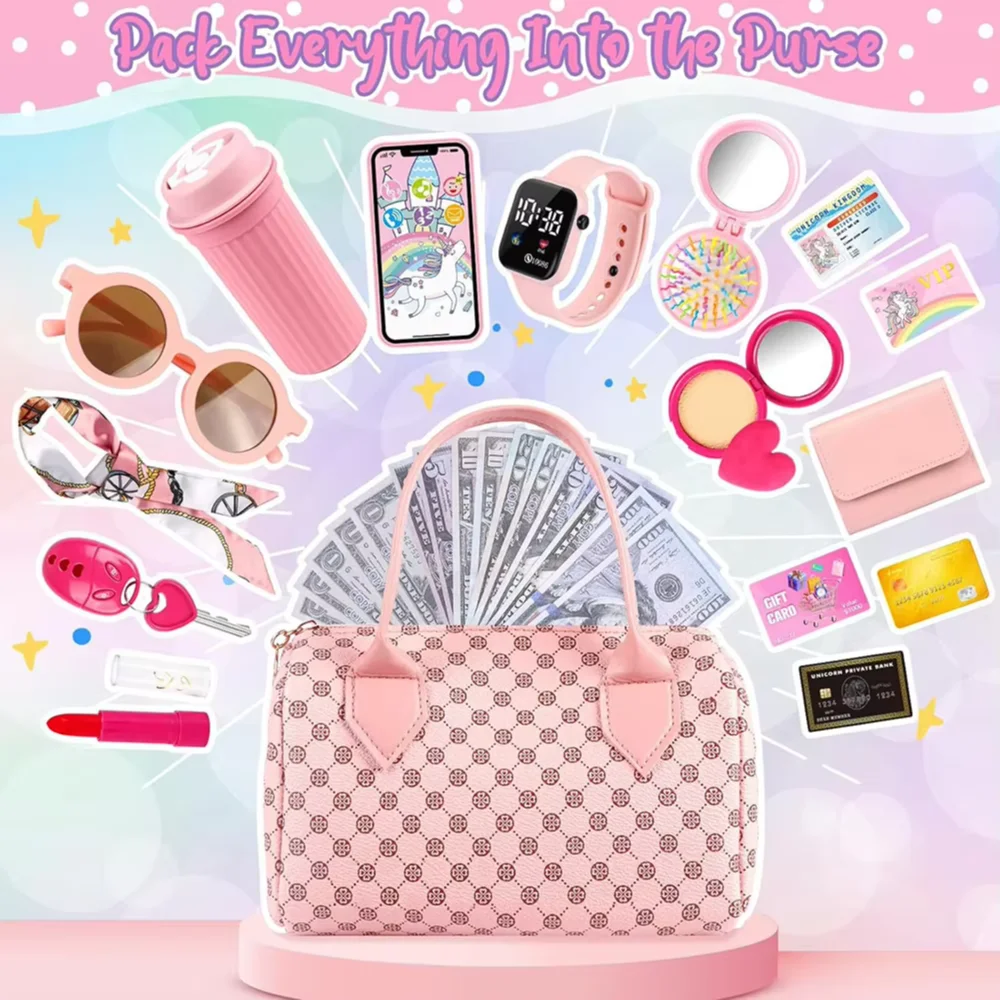 

Little Girls Play Purse 32Pcs Handbag Purse Princess Gifts Play Purse Set Kids Pretend Play Purse for Christmas Birthday Gift