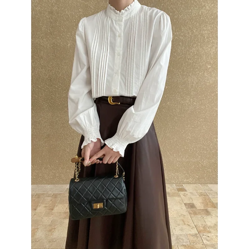 Francês vintage madeira orelha colarinho camisa feminina moda branco doce manga bolha coreia chique elegante básico escritório senhora blusa