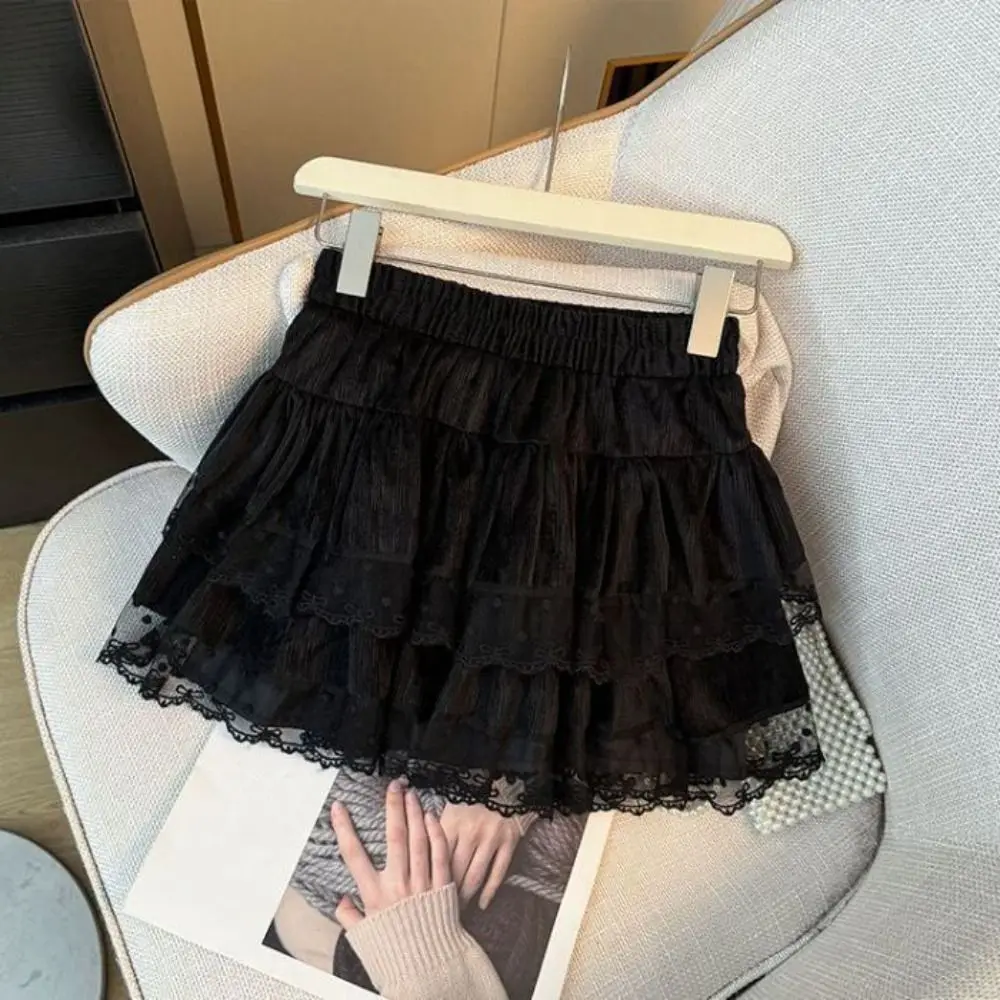 Bonito pontos inchado bolo saia feminina cintura alta texturizado renda bowknot saia curta plissado doce a linha saia curta diariamente