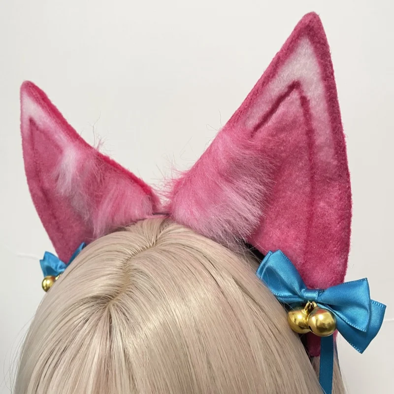 New Handmade Fox Ahri Cosplay Headband Anime Lolita Cute Fox Ears Headdress Pink Cat Bowknot Bell Hairband Accessory