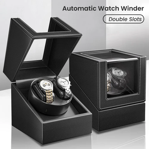 Bobinadora de reloj doble para relojes automáticos Bobinadora de reloj automática Caja de cuero Bobinadora de reloj de 2 ranuras para hombres con motor silencioso