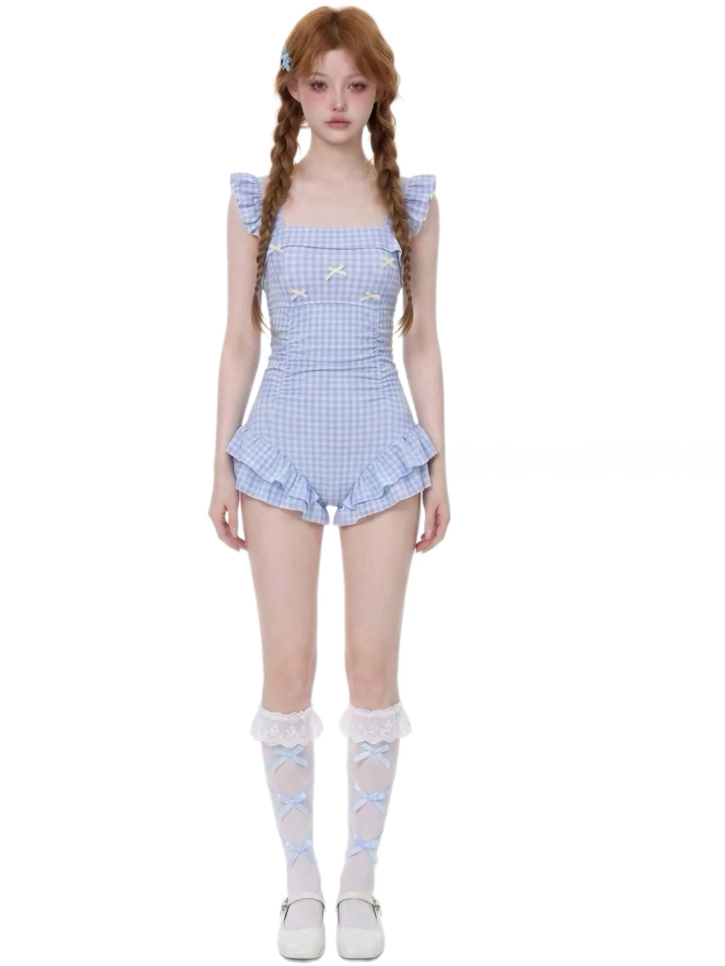 

Sweet Girl Plaid One-Piece Swimsuit Women's Waist Slimming Hot Spring Vacation High-End Feeling Pure Desire Style Casual Swim...