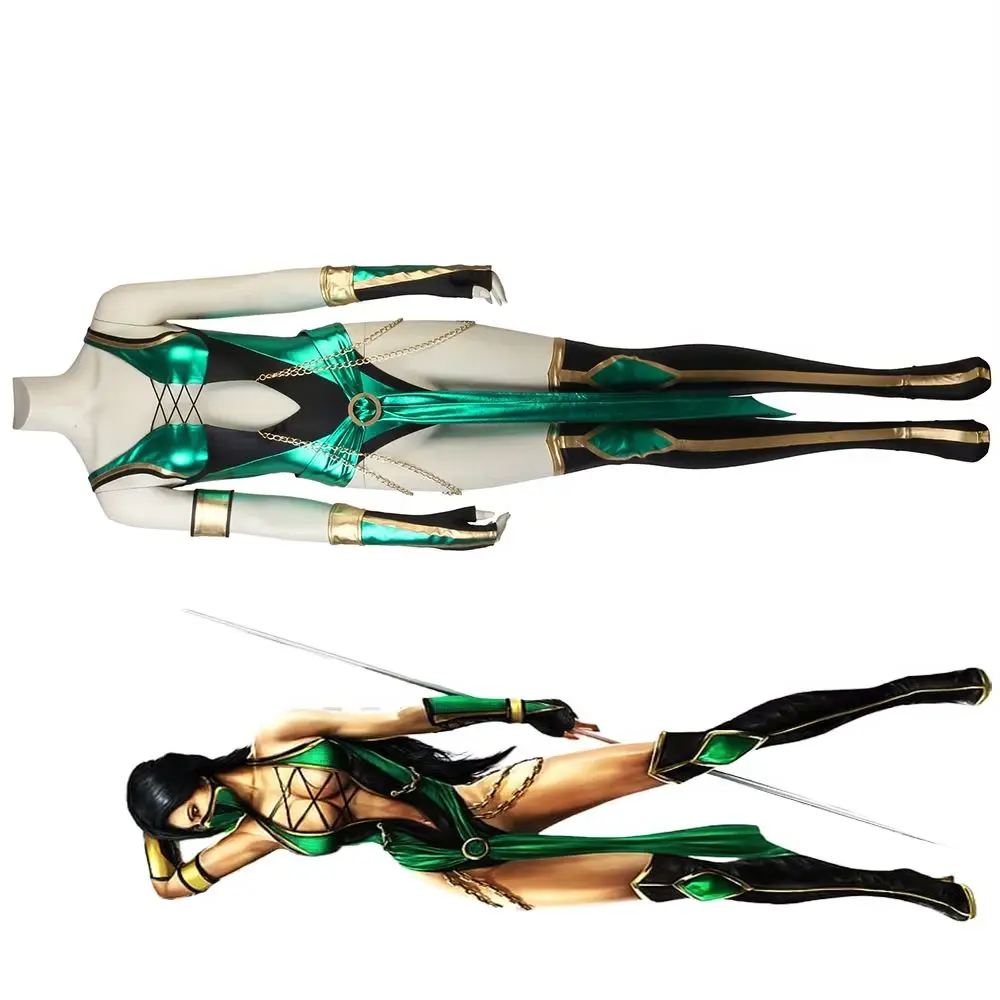 

Mortal Kombat X Jade Cosplay Game Costume Women Sexy Deep V-neck Green Bodysuit Full Set Halloween Carnival Battle Jumpsuit