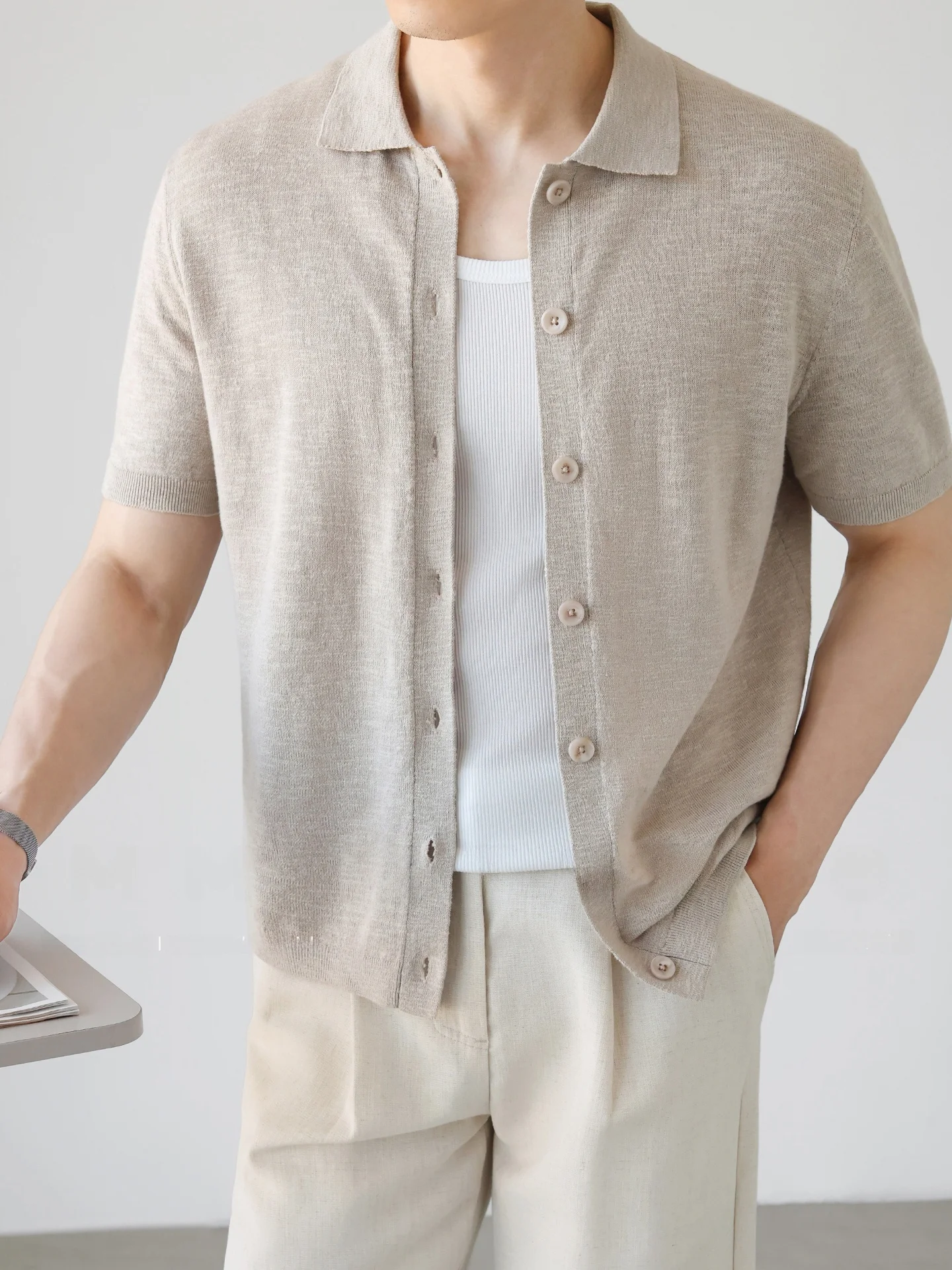 Elegant Natural Cotton Linen Knitted Short Sleeve Open Cardigan Men's Summer Casual Business Breathable Top  Shirt