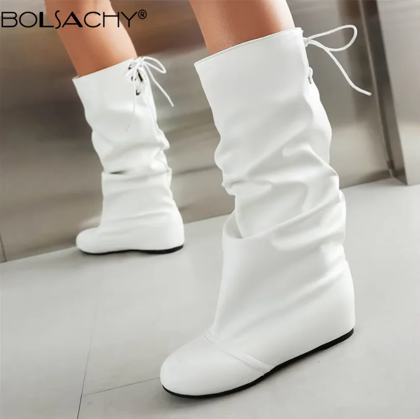 Autumn Winter Women Mid Calf Boots Casual Slip on Lace up Long Boots Flats Fashion Pleated Round Toe Black Elegant Botas Female