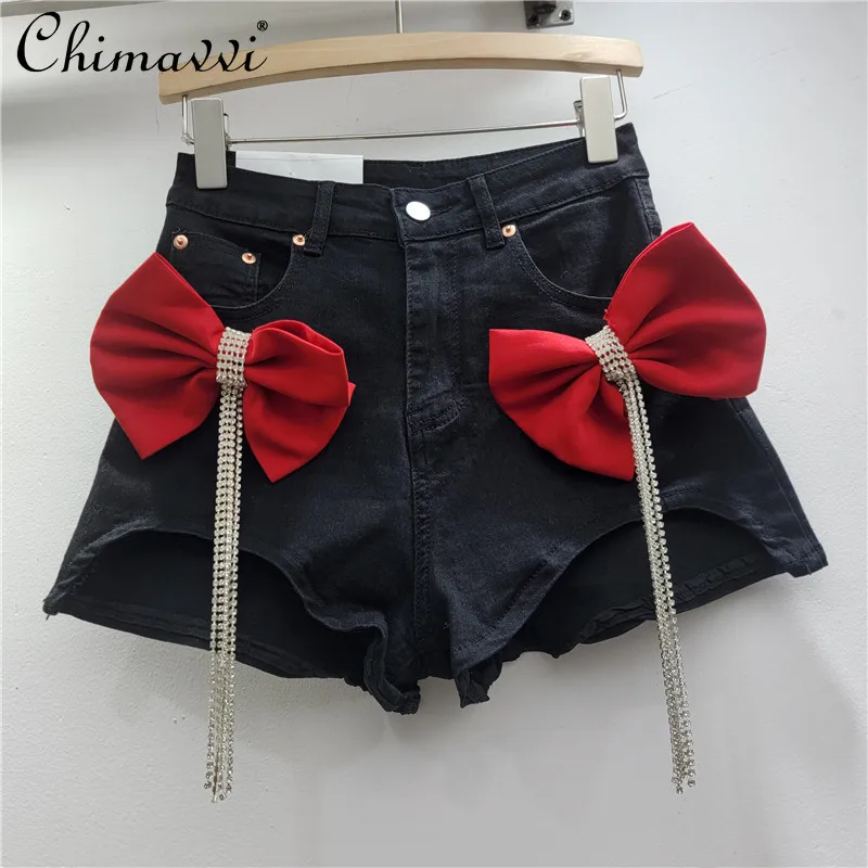 Fashion Denim Shorts Women's High Waist Three-dimensional Bow Diamond Tassel Hottie Sexy Super Shorts Hot Pants Summer New