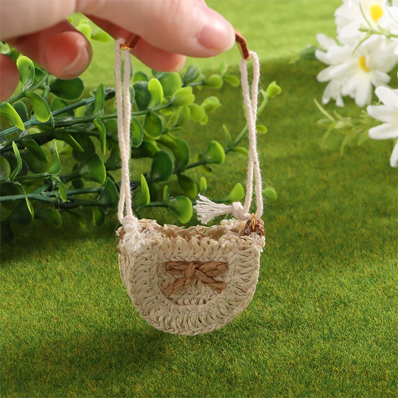 1/12 Dollhouse Woven Bread Basket Shopping Basket Straw Handbags Dollhouse Weaving Beach Bag For Dolls Miniature Decoration