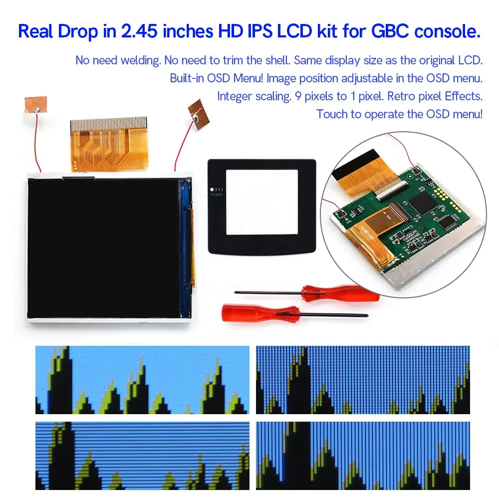 

HISPEEDIDO Комплект для модификации GBC с IPS-экраном 2.45 дюйма с подсветкой, простая установка, эффект пикселей OSD для GBC