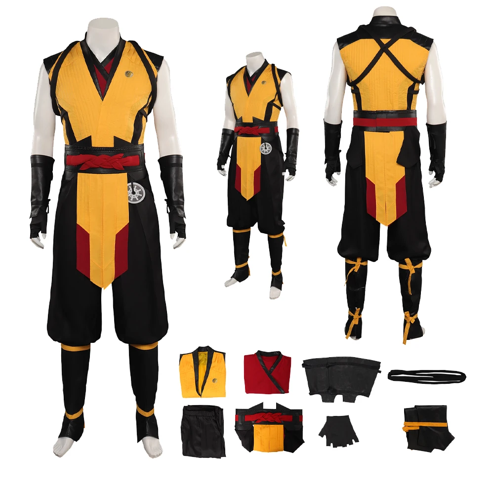 Disfraz de escorpión para hombre, traje de Cosplay de juego Mortal Cos Kombat, chaleco, pantalones, máscara de cinturón, trajes de fiesta de Carnaval de Halloween