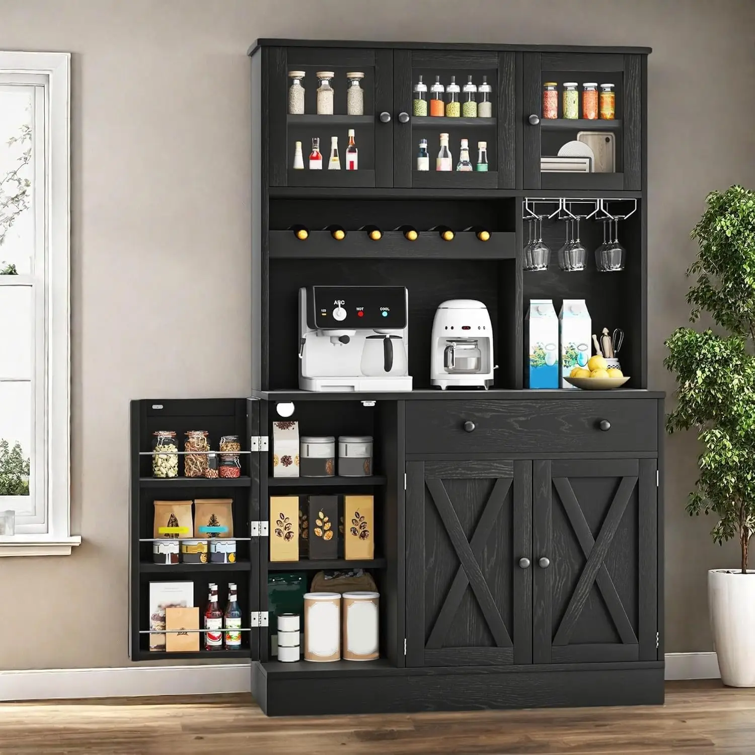 

71''H Kitchen Pantry Cabinet with Drawer, Doors,Wine Rack for Storage, Tall Cabinet with Power Outlet (Black Oak)