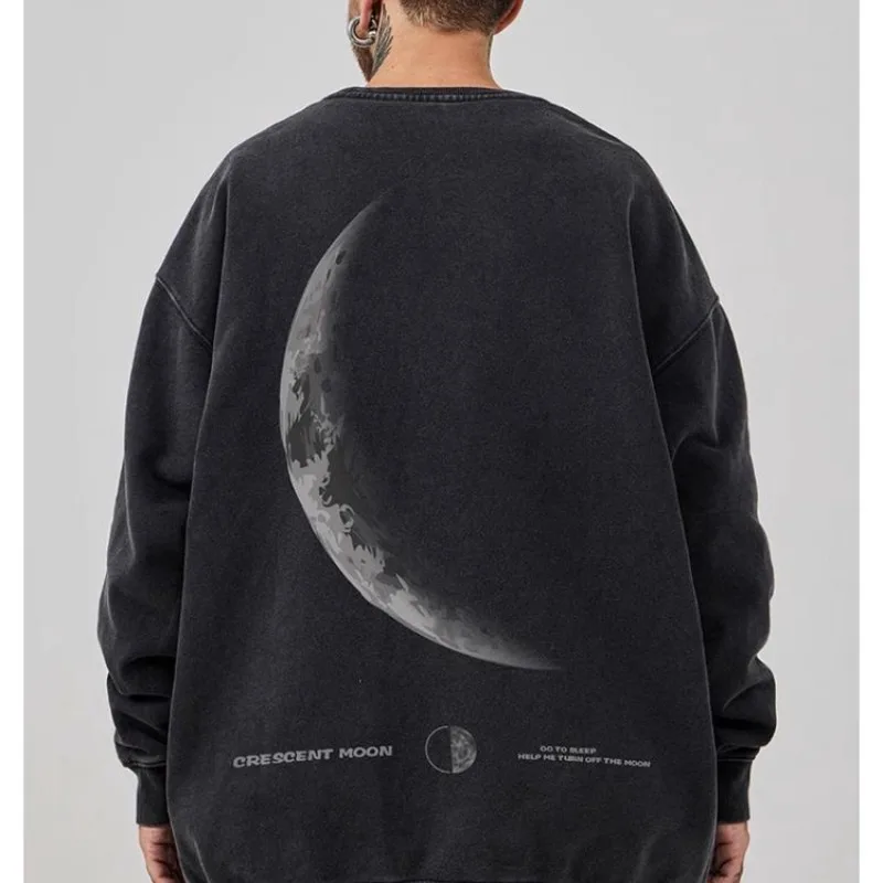 M-8XL Men\'s Street Sickle Moon Print Oversized Student Leisure Unisex Sweatshirt American Retro Youth Round Neck Sweater