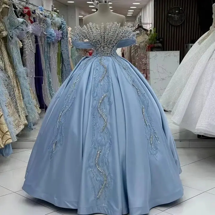 

Elegant Long Prom Dress Off Shoulder Quinceanera Party Gowns Customized Sparkle Crystals Puffy Arabic Women's Evening Dresses