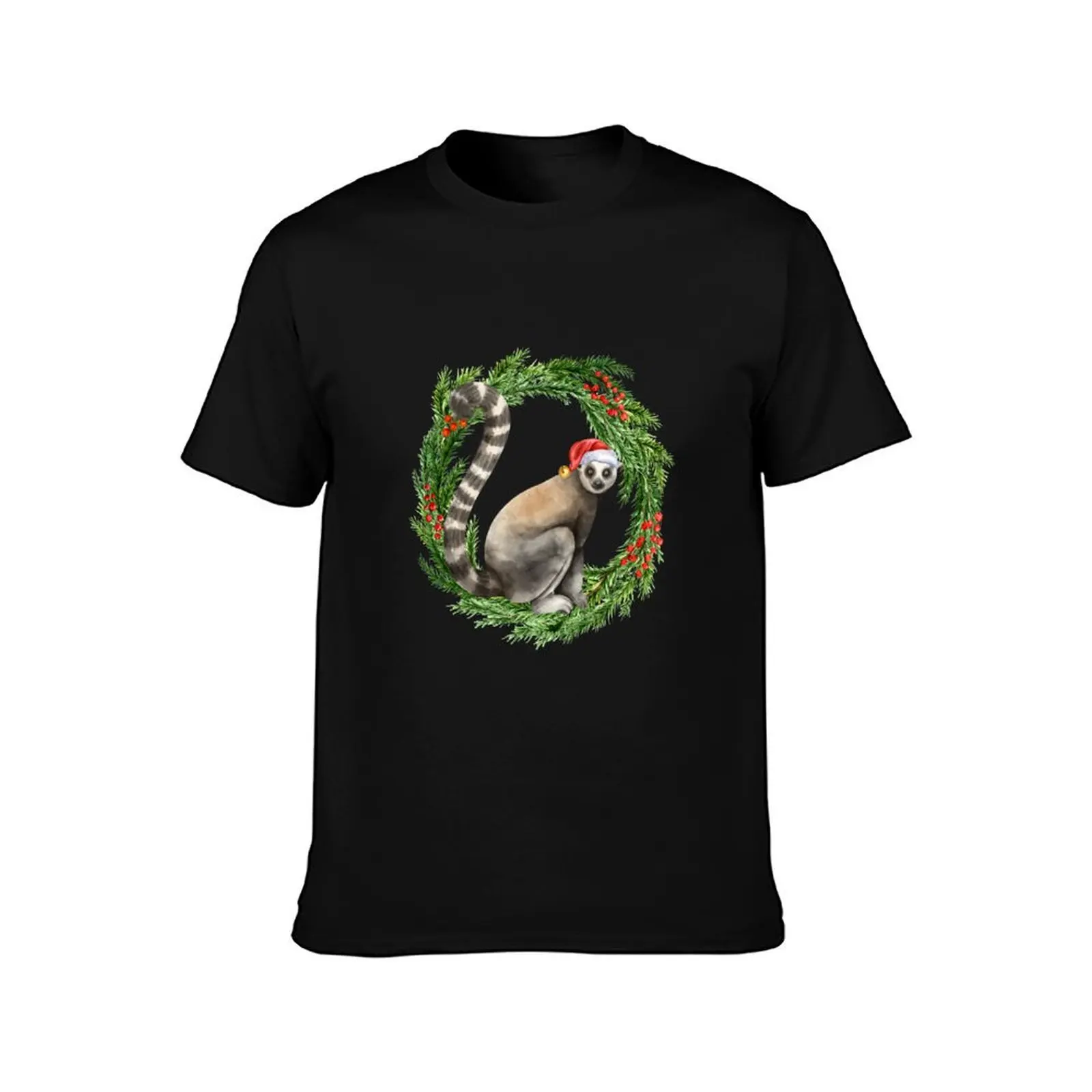 Watercolor Lemur with red Santa Hat in a Pine Christmas Wreath: Christmas illustration T-Shirt