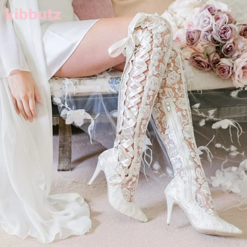 Sepatu bot pernikahan atas lutut, sepatu bot pernikahan seksi elegan modis wanita pengantin cantik ritsleting samping hak tipis ujung lancip renda gading