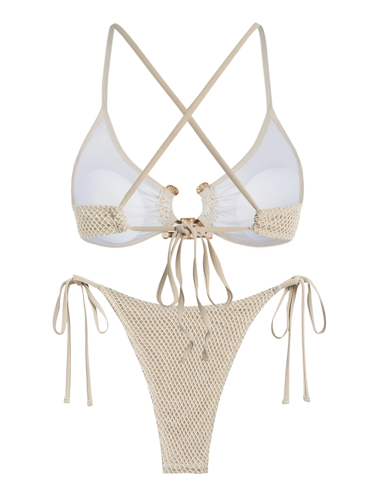 Women's Metal Ring Decor Textured Criss Cross Back Tied Side Tanga Bikini Set Two Piece Swimwear - Deep Green L