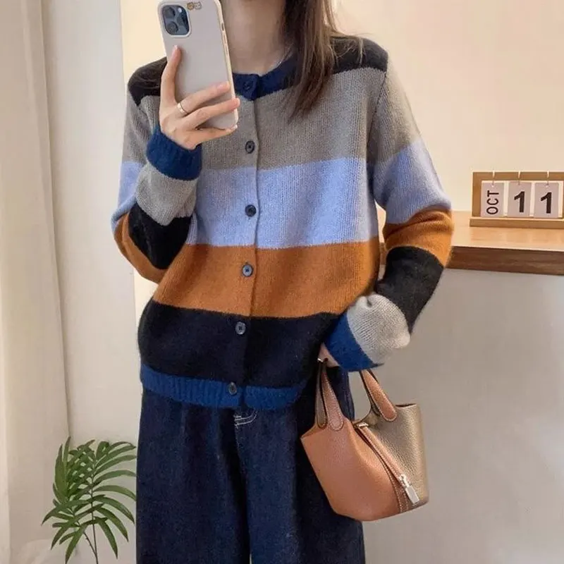 Vintage Contrasting Colors Cardigan Female Clothing Striped Loose Autumn Winter Casual O-Neck Single-breasted Knitted Sweaters