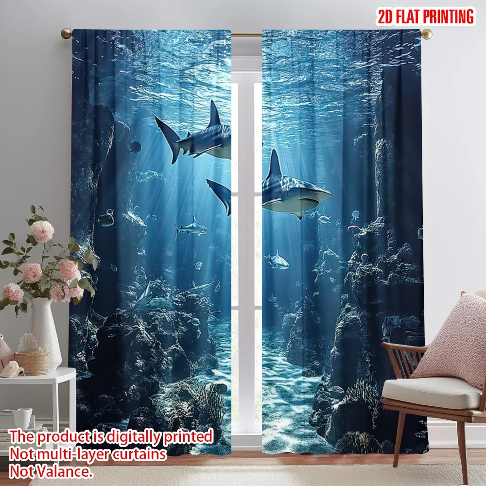 

2D flat printing 2pcs Curtain Sharks in Underwater Digital Printed Polyester Drapes Festive Wall Decor Use for Living Room