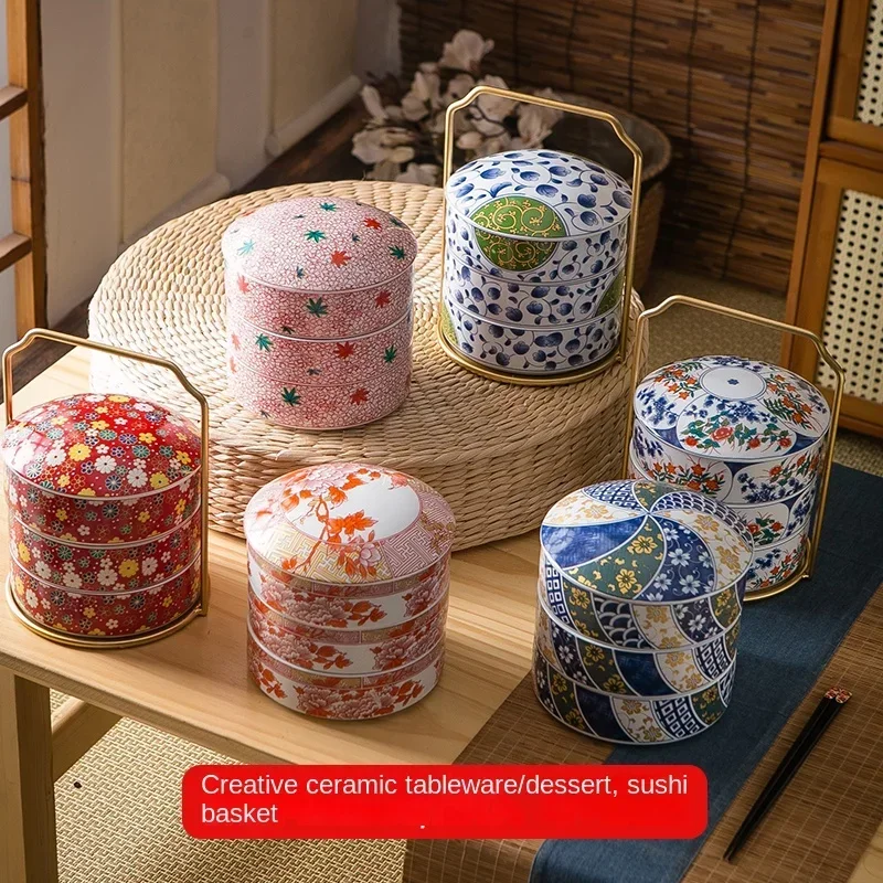 Japanese style three-layer ceramic food grid with cover