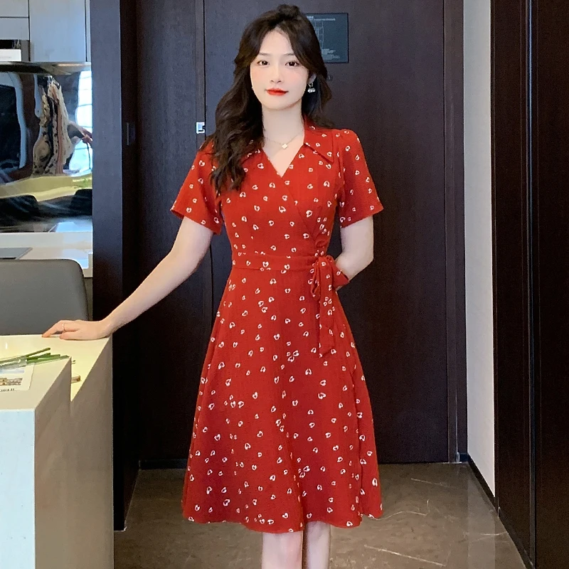 

2023 Summer New Red Mid Length Dress French Reduced Age Short Sleeve Dress