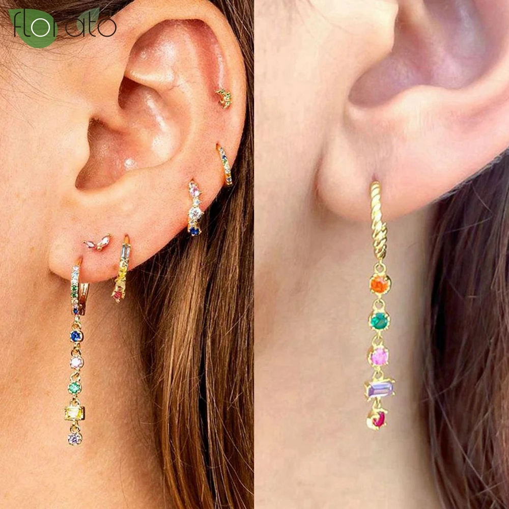 925 Sterling Silver Needle Colorful Zircon Long Earrings for Women New Shining Fine Stud Earrings Wedding High Quality Jewelry