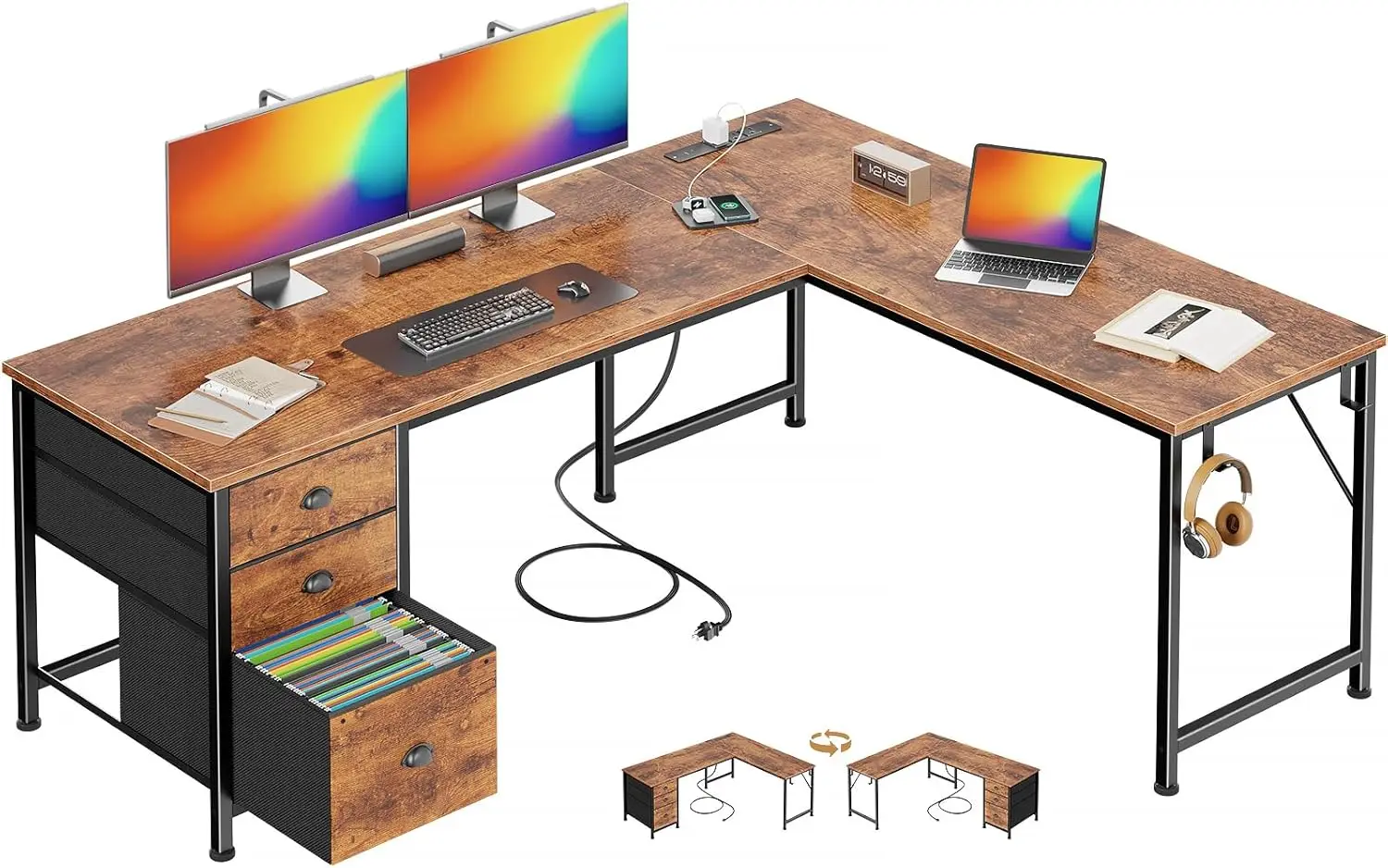 

63' L Shaped Computer Desk with Power Outlet & USB-C Port, Reversible Home Office Desk with 2 Fabric
