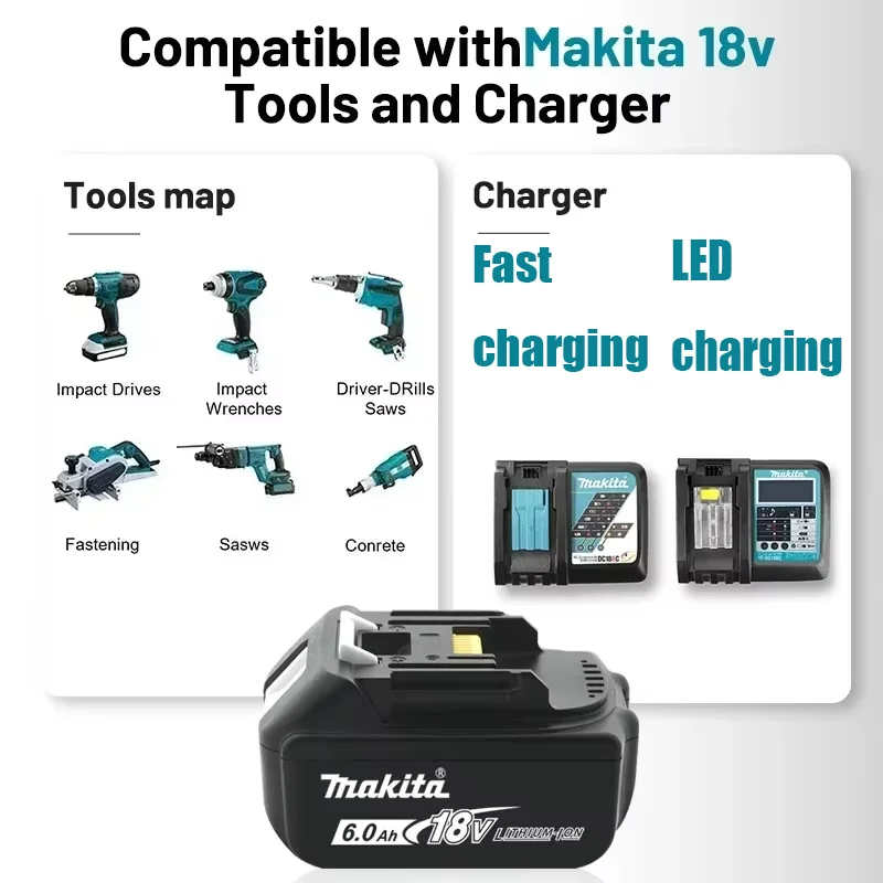 100% Compatible Makita 18V 6.0Ah Rechargeable Power Tools Battery Li-ion Replacement LXT bl1830 BL1860B BL1860 BL1850 DHP482