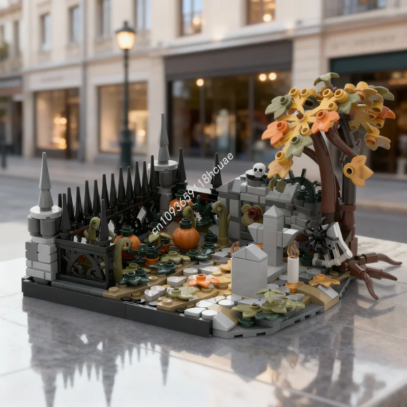 412pcs MOC Pumpkin Graveyard Halloween Diorama Seasonal Model Building Blocks Architecture Christmas Gifts Brick Toy Kids